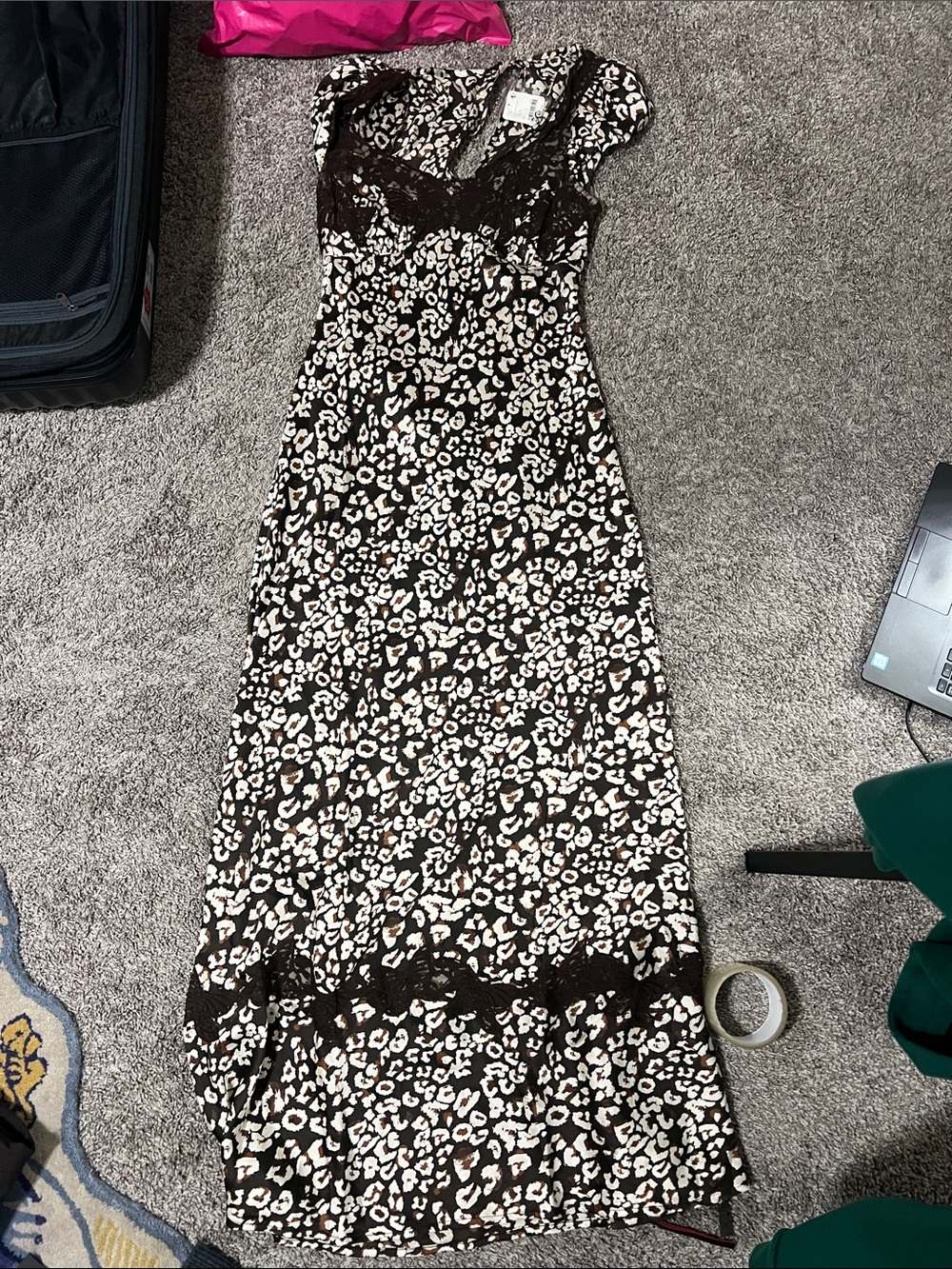 Free People Brown and Cream Leopard-Print Maxi Dress with Lace